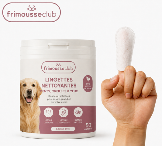 Lingettes doigtier chien 3-en-1, dents, oreilles et yeux, sans alcool, 50 lingettes