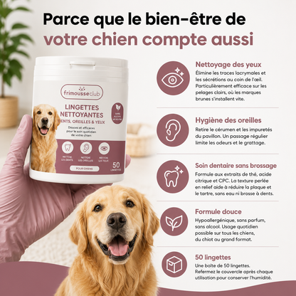 Lingettes doigtier chien 3-en-1, dents, oreilles et yeux, sans alcool, 50 lingettes