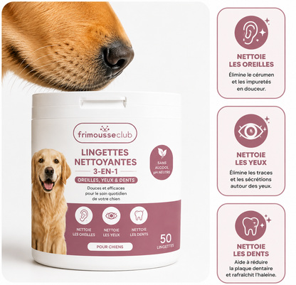Lingettes doigtier chien 3-en-1, dents, oreilles et yeux, sans alcool, 50 lingettes