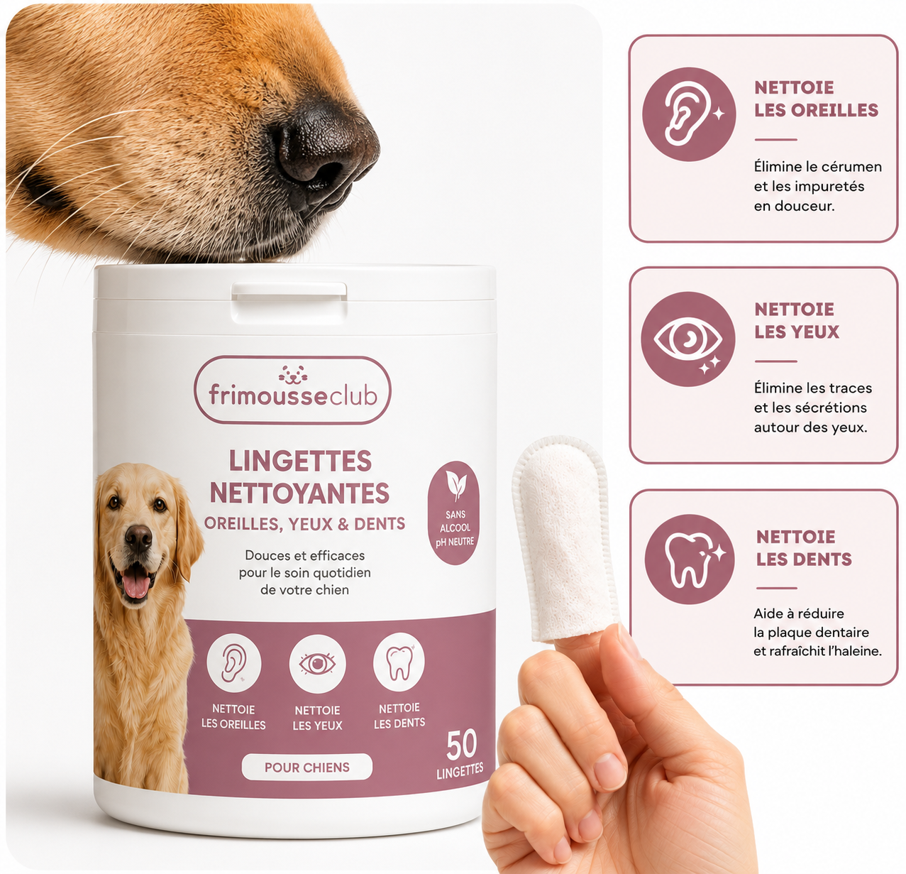 Lingettes doigtier chien 3-en-1, dents, oreilles et yeux, sans alcool, 50 lingettes