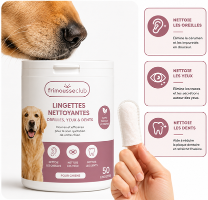 Lingettes doigtier chien 3-en-1, dents, oreilles et yeux, sans alcool, 50 lingettes